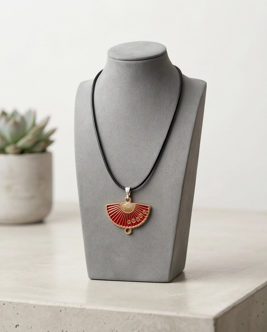 Crimson Sakura Fan Pendant Necklace