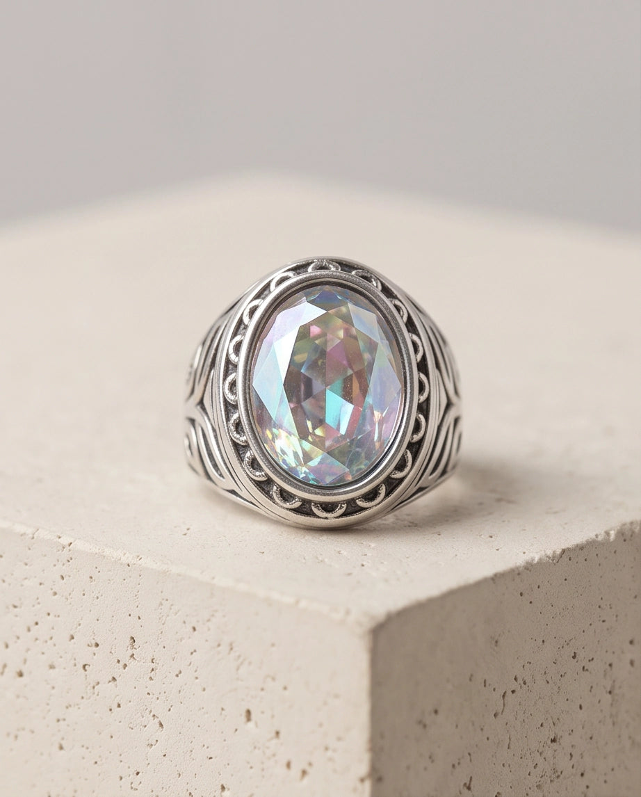 Mystic Rainbow Iridescent Oval-Cut Gemstone Ornate Bezel Silver Ring