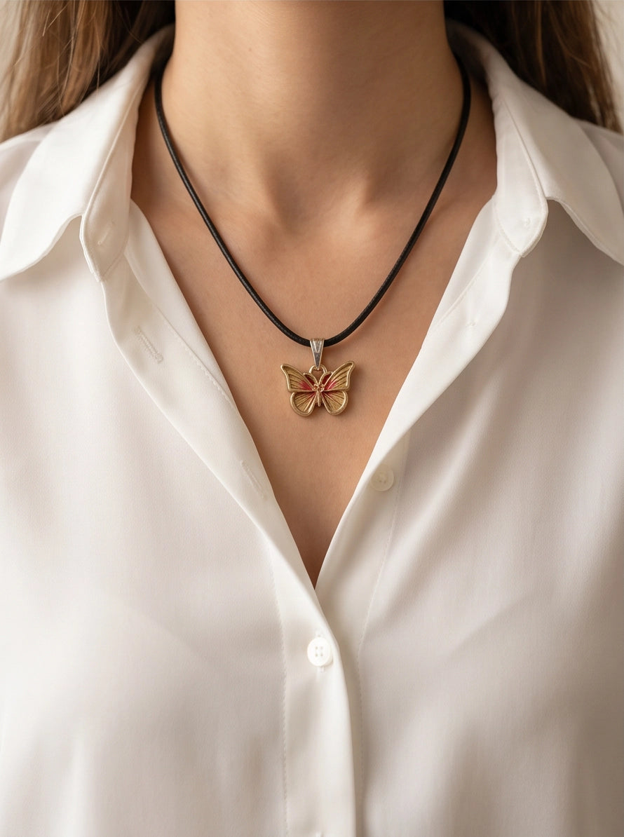 Gold & Pink Butterfly Pendant Necklace
