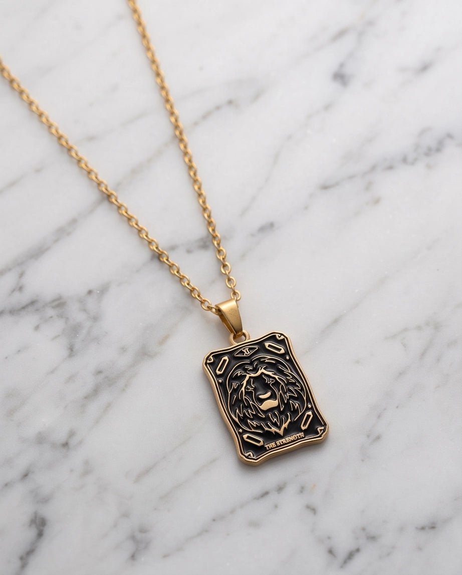 Gold "Strength" Lion Tarot Card Pendant Necklace
