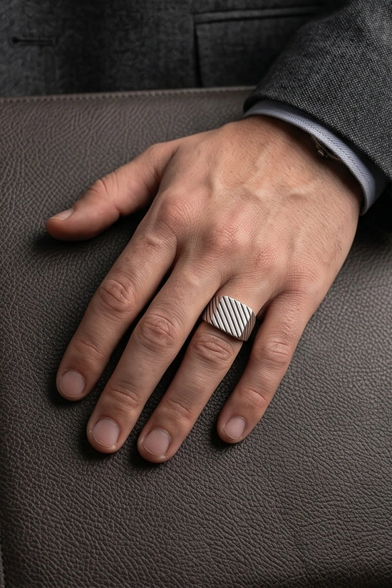 Sterling Silver Diagonal Pinstripe Geometric Signet Ring