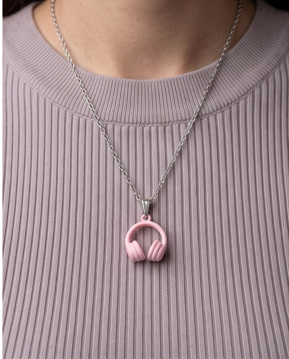 Pastel Pink Headphones Enamel Pendant Necklace