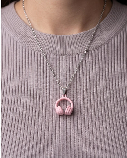Pastel Pink Headphones Enamel Pendant Necklace