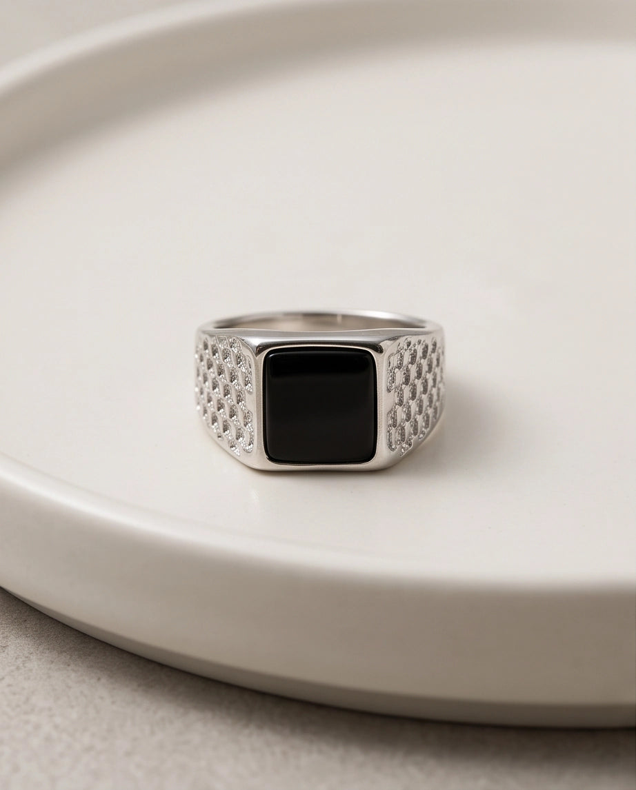 Onyx-Style Square Inlay Brick-Link Band Silver Ring