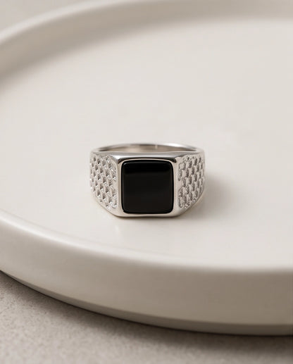 Onyx-Style Square Inlay Brick-Link Band Silver Ring