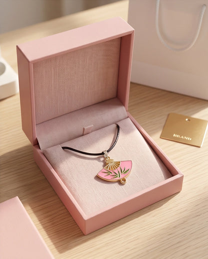 Pink Enamel Bamboo Fan Pendant Necklace
