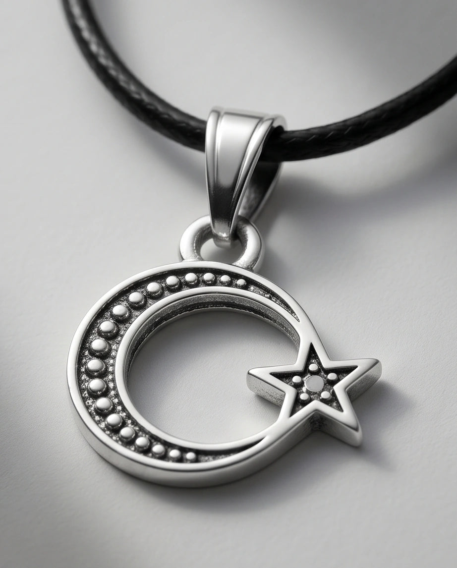 The Celestial Path: Matte Silver Crescent Moon & Star Pendant Necklace