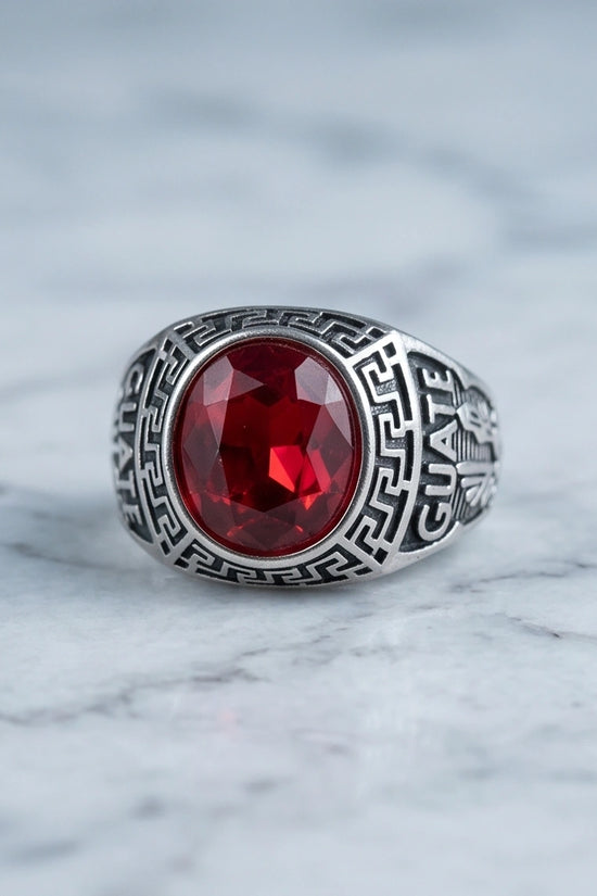 Vintage Greek Key Ruby Red Gemstone Ring
