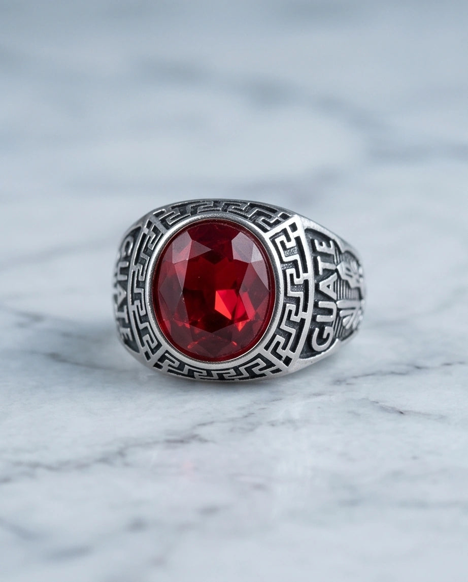Vintage Greek Key Ruby Red Gemstone Ring