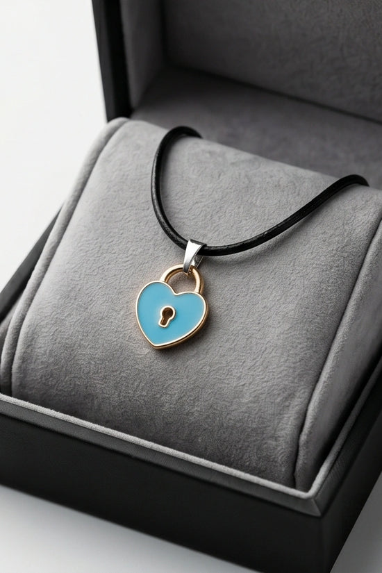 Gold and Pastel Blue Heart Lock Necklace