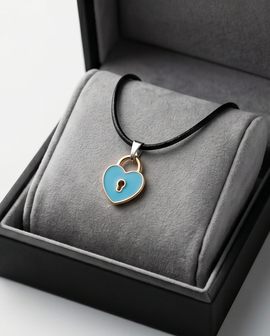 Gold and Pastel Blue Heart Lock Necklace