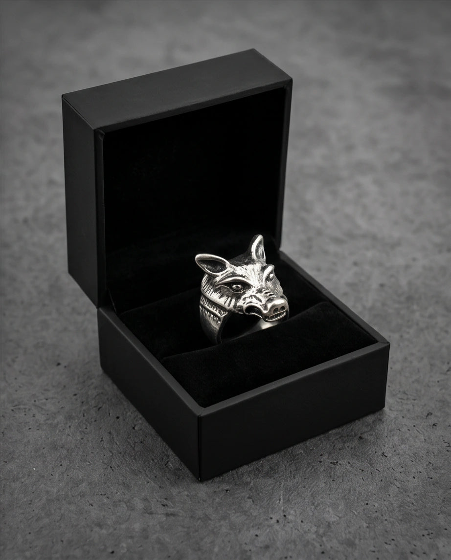 Vintage Silver Oxidized Wolf Head Viking Statement Ring