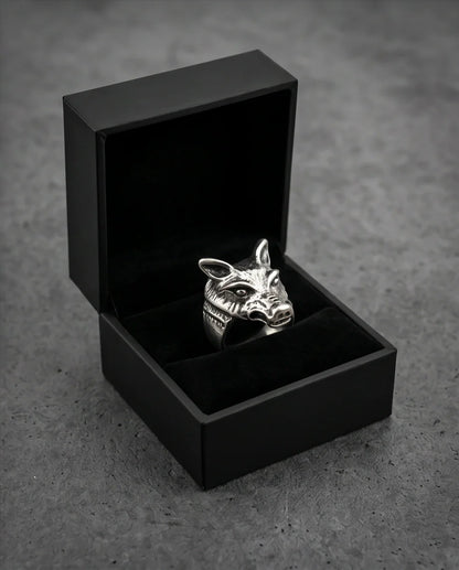 Vintage Silver Oxidized Wolf Head Viking Statement Ring