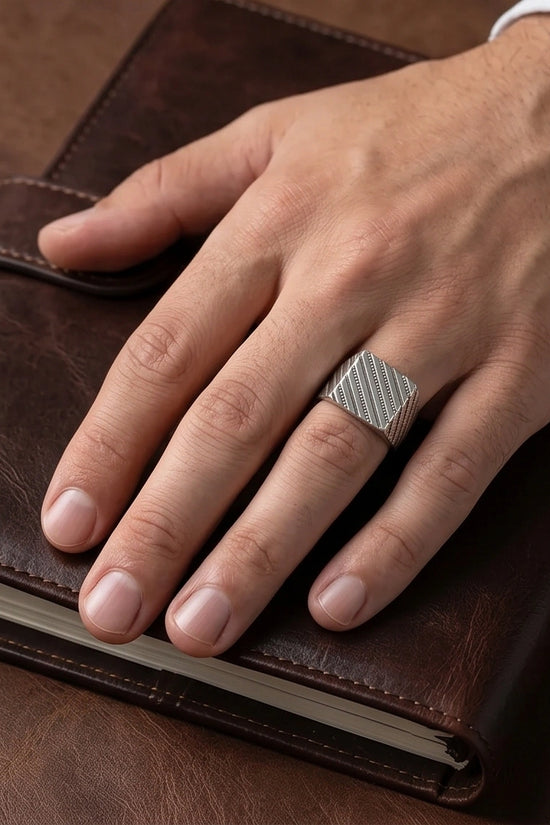 Sterling Silver Diagonal Pinstripe Geometric Signet Ring