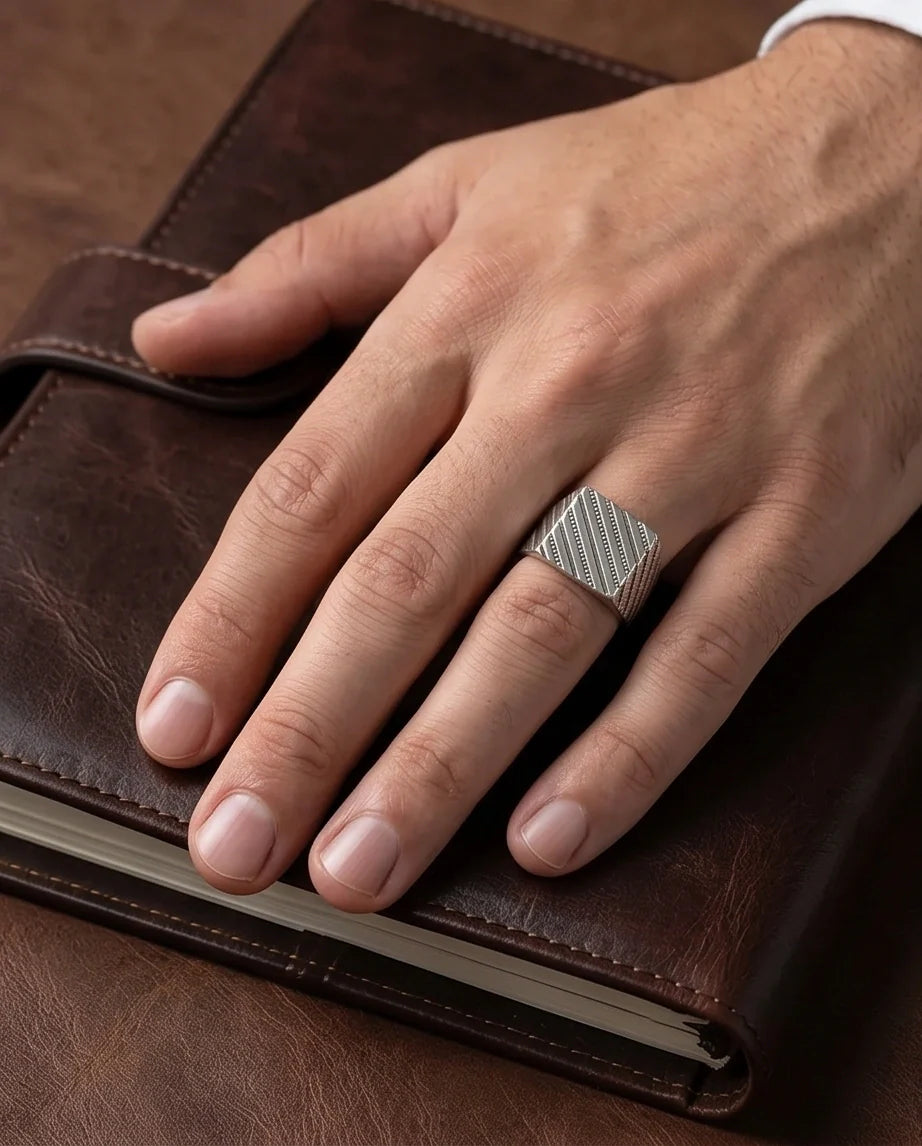 Sterling Silver Diagonal Pinstripe Geometric Signet Ring