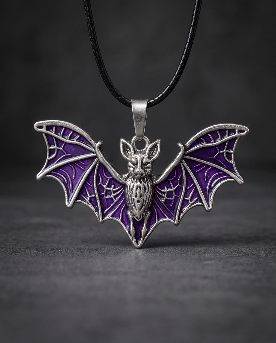Silver Purple Enamel Flying Bat Pendant Necklace