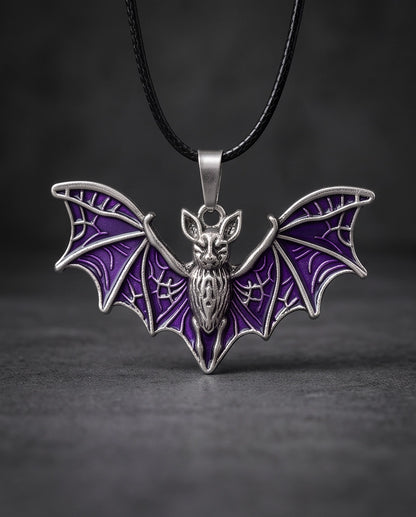 Silver Purple Enamel Flying Bat Pendant Necklace