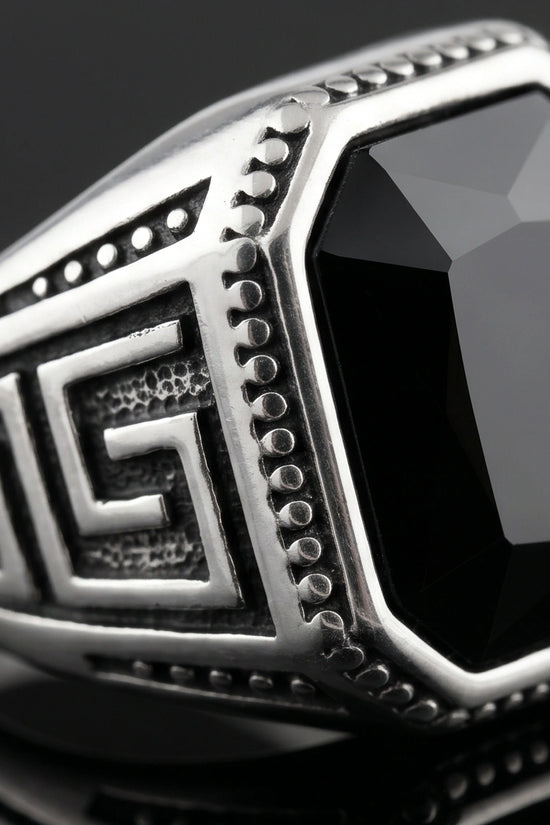 Vintage Greek Key Black Onyx Gemstone Ring
