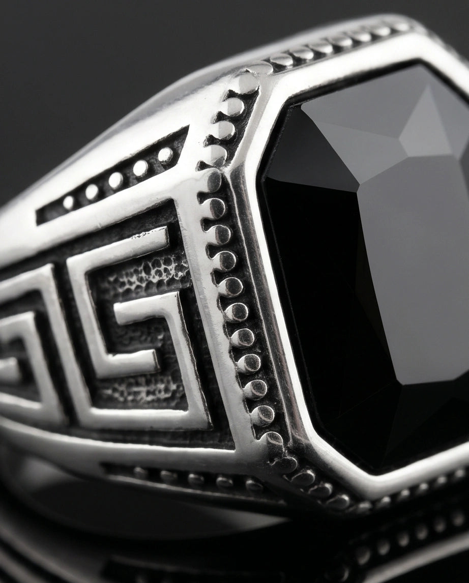 Vintage Greek Key Black Onyx Gemstone Ring