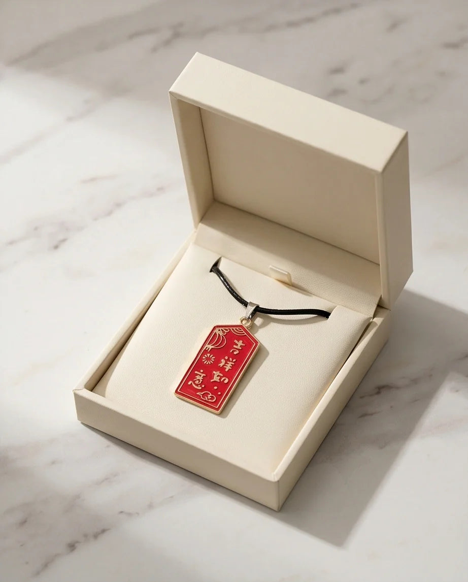 Traditional Red Rectangular "Ji Xiang Ru Yi" Blessings Pendant Necklace