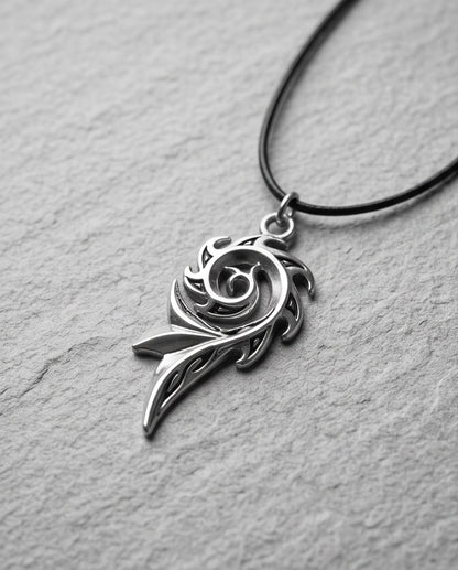Silver Tribal Swirl Flame Cord Necklace