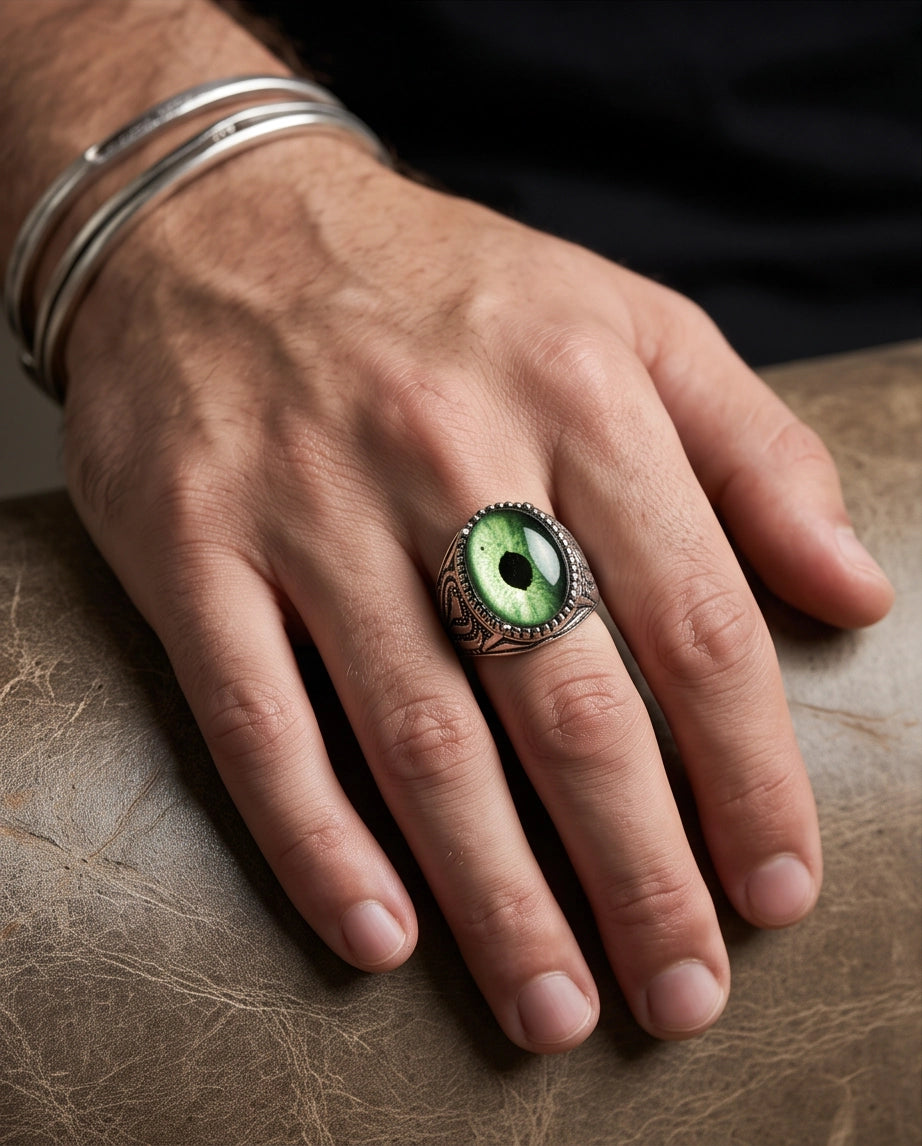 Emerald Dragon-Eye Cabochon Ornate Scrollwork Silver Ring