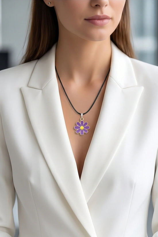 Vibrant Purple Daisy Enamel Pendant Necklace