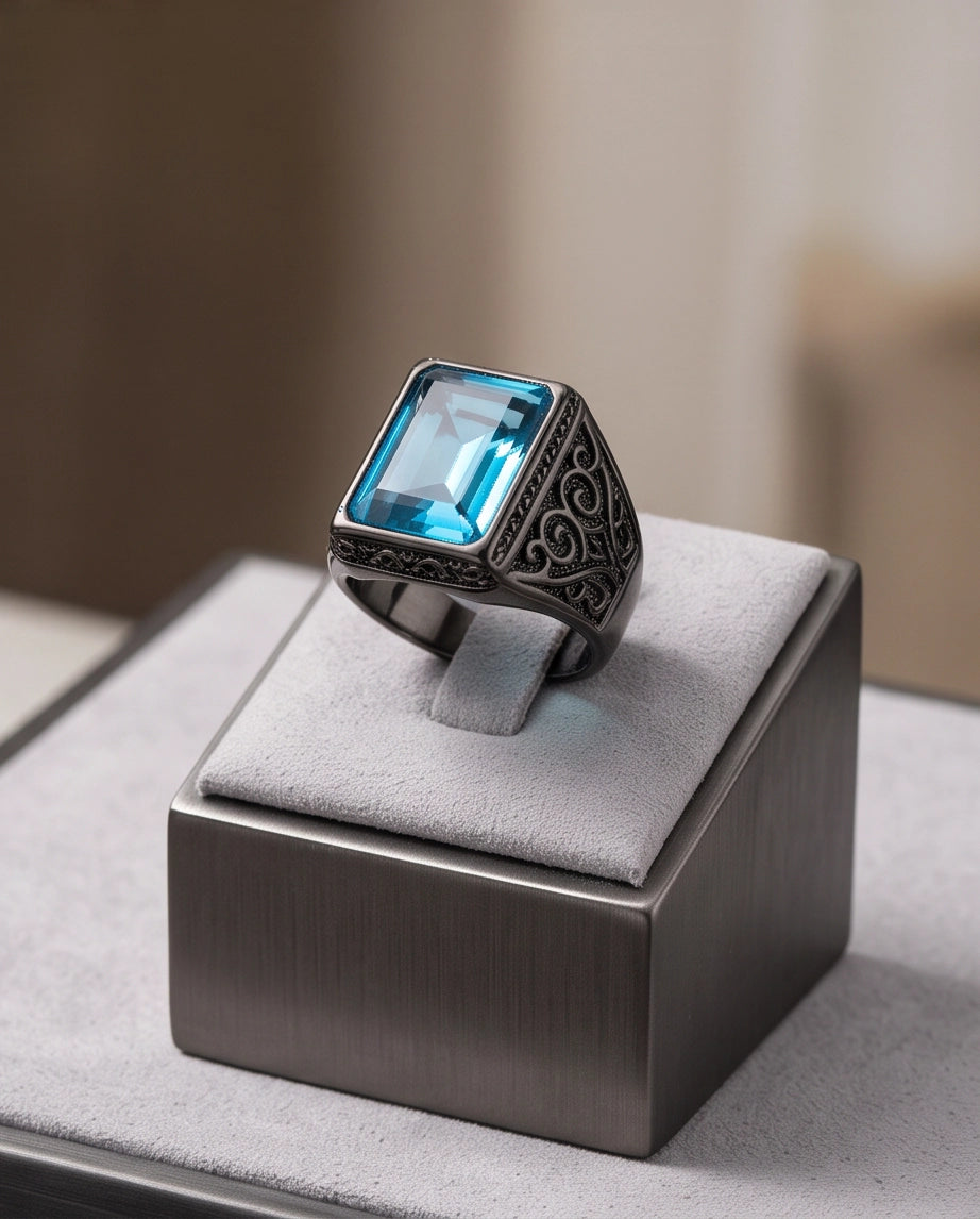 Jet Black Emerald-Cut Onyx Geometric Architectural Silver Ring