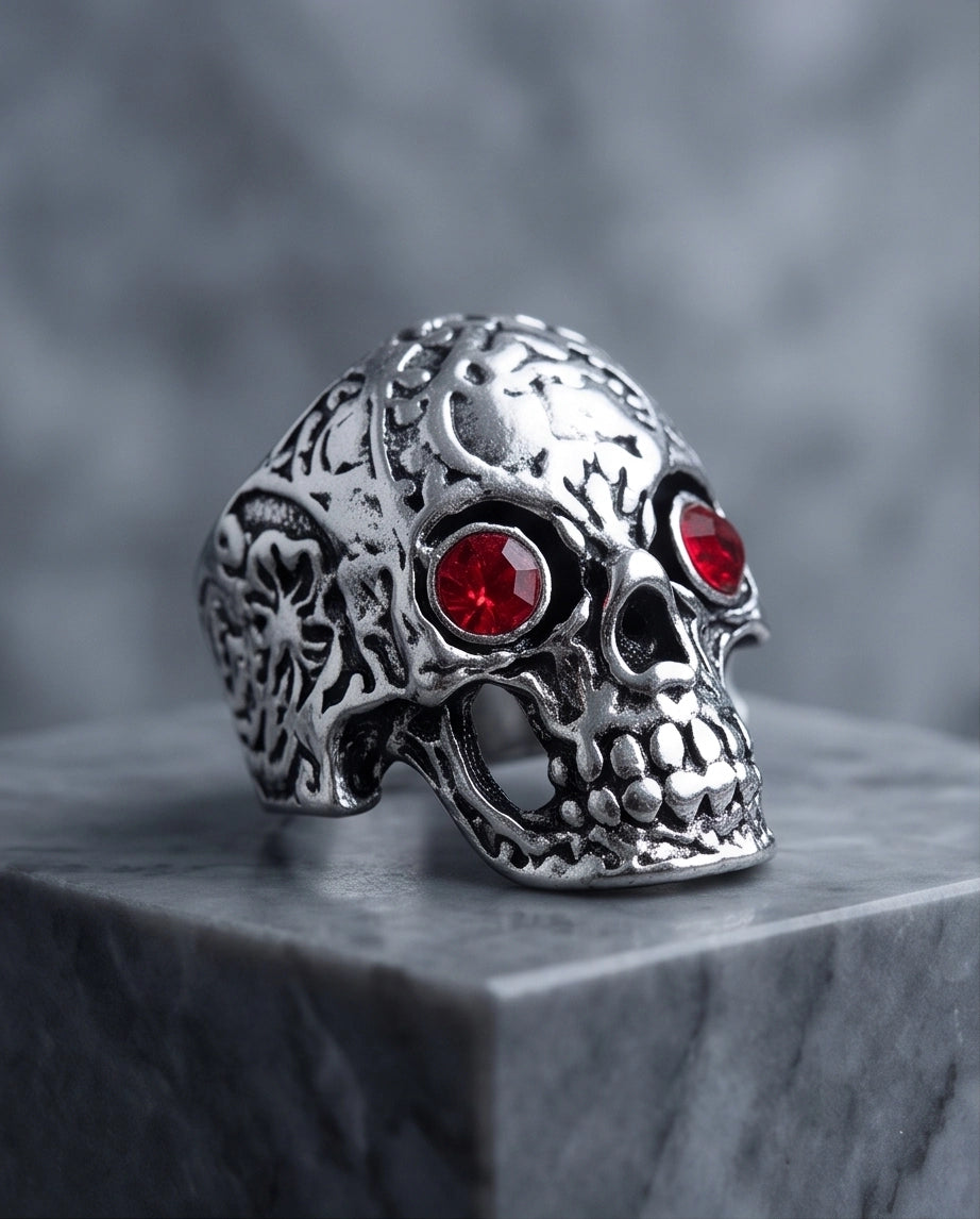 Ruby-Eyed Filigree Skull Ring