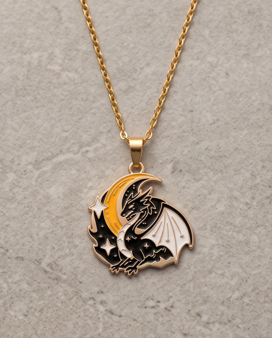 Gold Celestial Crescent Moon Dragon Enamel Pendant Necklace