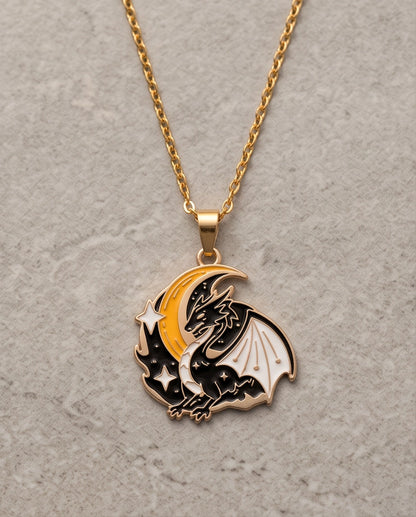 Gold Celestial Crescent Moon Dragon Enamel Pendant Necklace