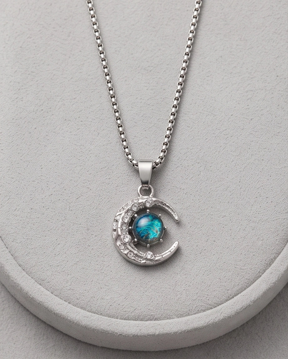 Silver Hammered Crescent Moon Galaxy Stone Pendant Necklace
