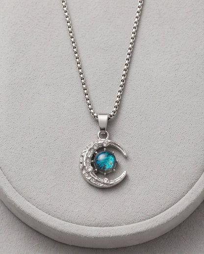 Silver Hammered Crescent Moon Galaxy Stone Pendant Necklace
