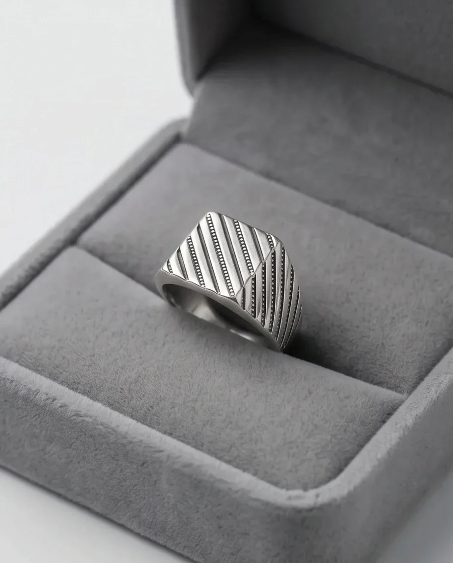 Sterling Silver Diagonal Pinstripe Geometric Signet Ring