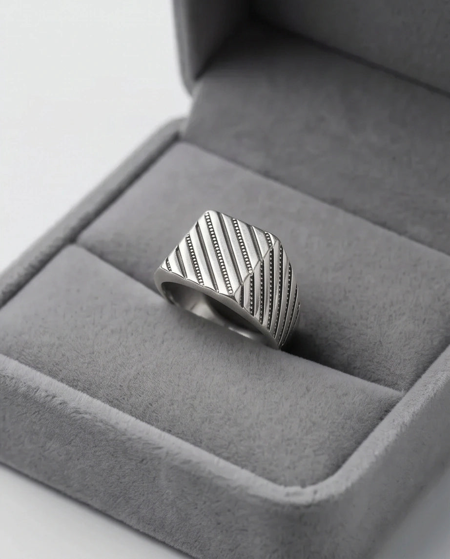 Sterling Silver Diagonal Pinstripe Geometric Signet Ring