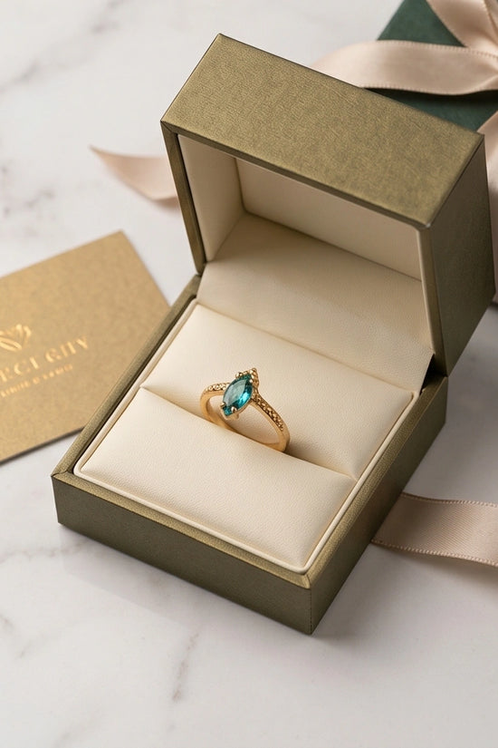 Vintage 14K Gold Marquise London Blue Topaz Chevron Ring