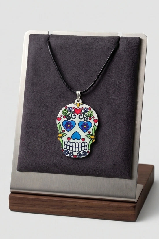 Vibrant White Sugar Skull Día de los Muertos Pendant Necklace
