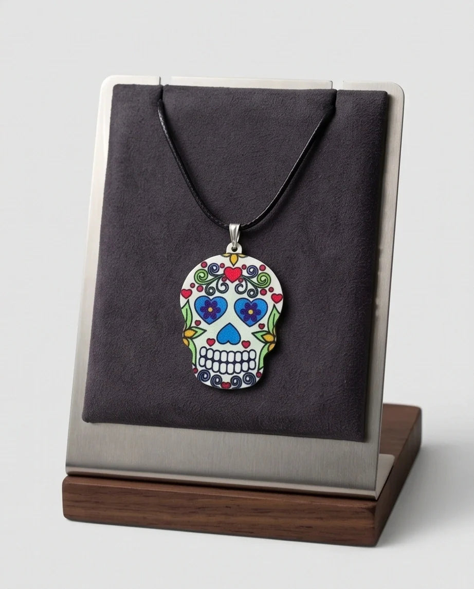Vibrant White Sugar Skull Día de los Muertos Pendant Necklace
