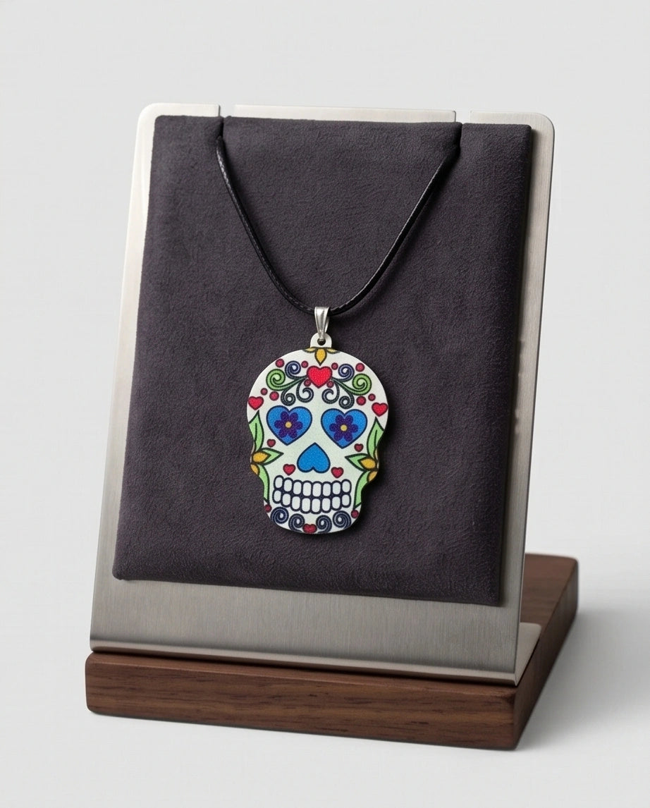 Vibrant White Sugar Skull Día de los Muertos Pendant Necklace