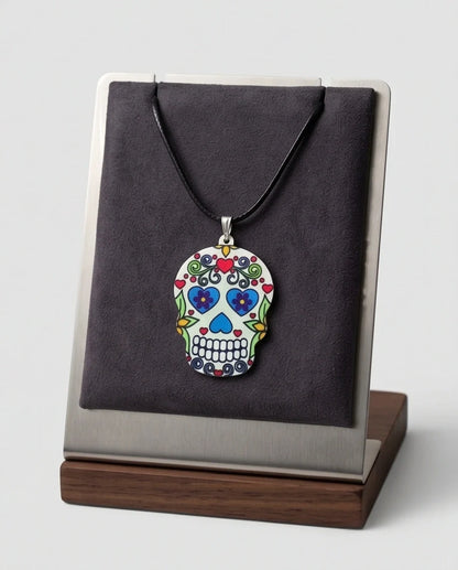 Vibrant White Sugar Skull Día de los Muertos Pendant Necklace