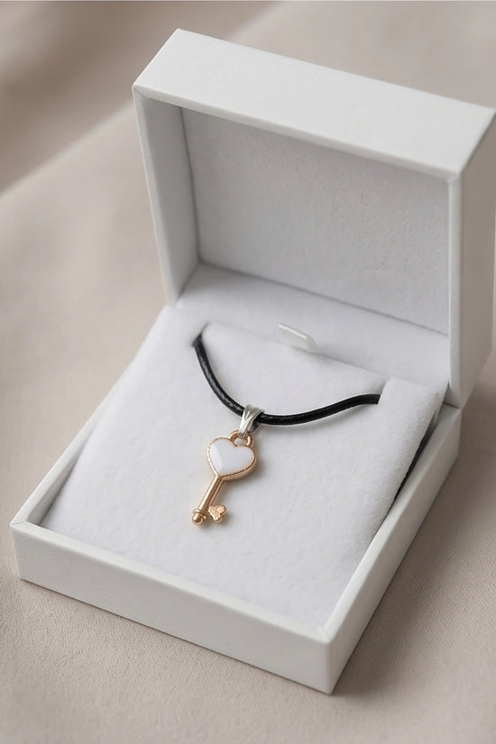 Gold and White Heart Key Pendant Necklace