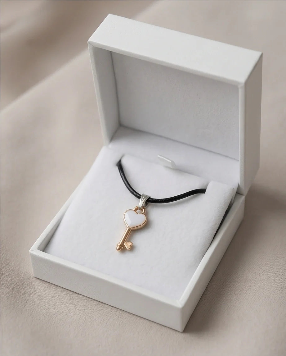 Gold and White Heart Key Pendant Necklace