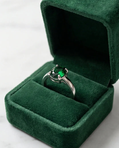 Sterling Silver Oval-Cut Green Emerald Solitaire Ring