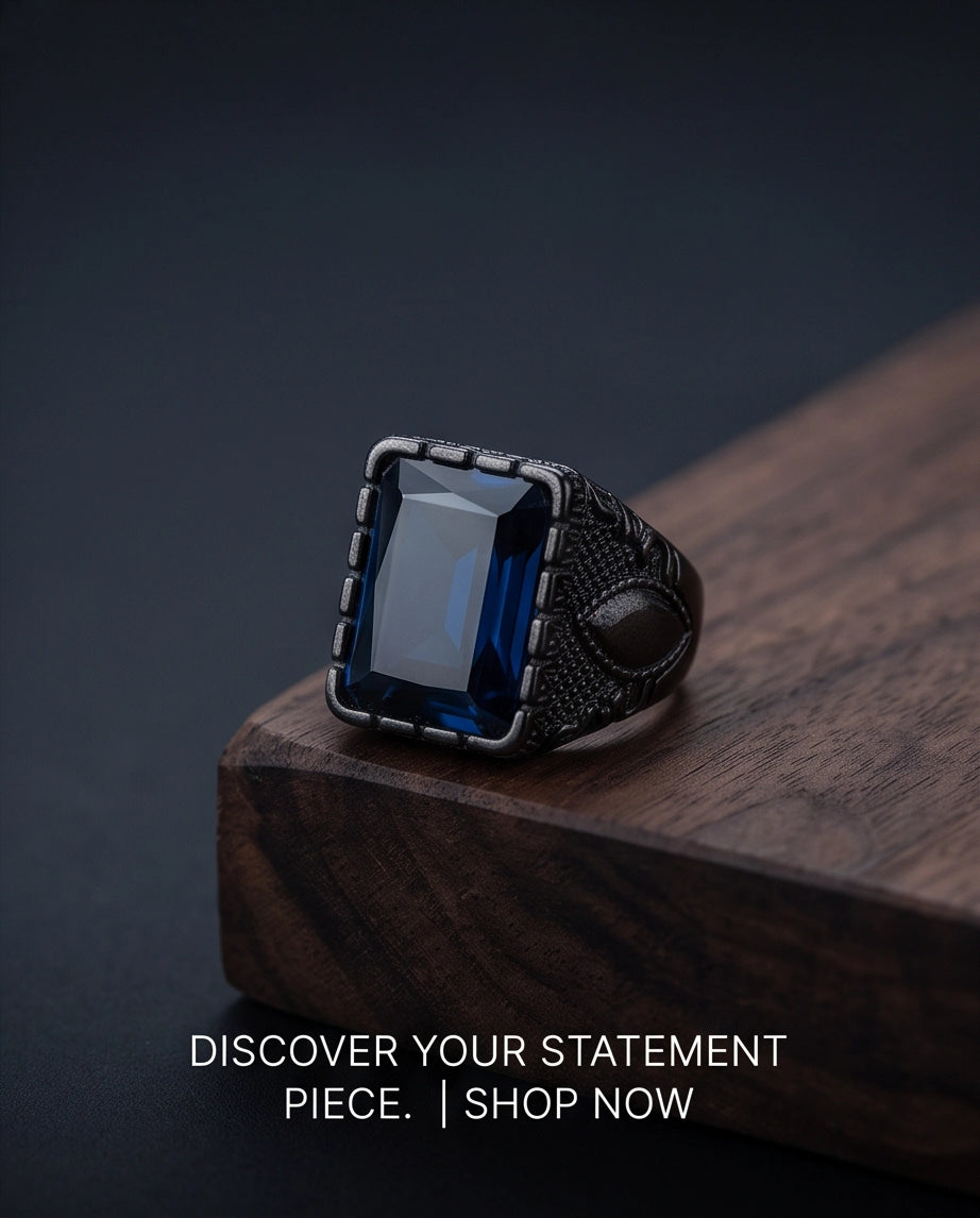 Deep Sapphire Emerald-Cut Gemstone Architectural Filigree Silver Ring