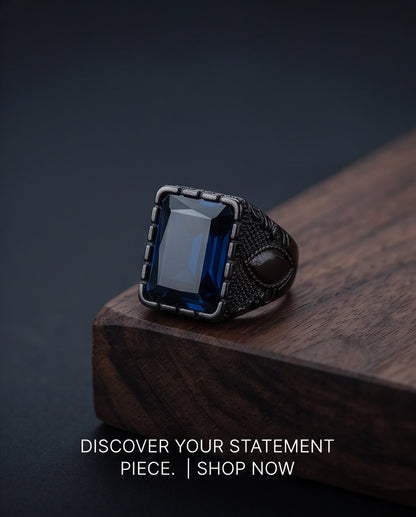 Deep Sapphire Emerald-Cut Gemstone Architectural Filigree Silver Ring
