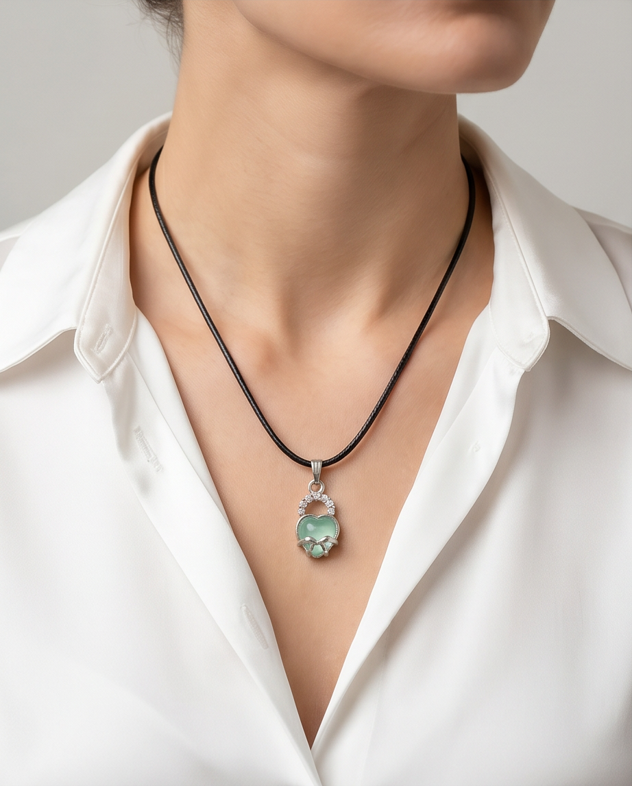 Green Heart Bow Lock Pendant Necklace
