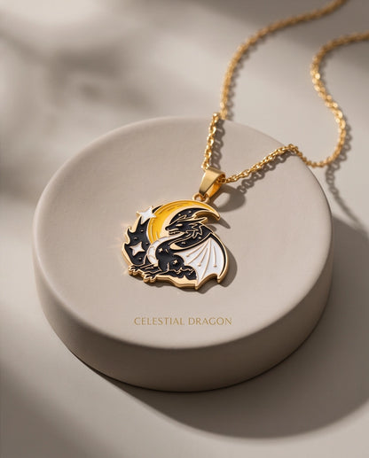 Gold Celestial Crescent Moon Dragon Enamel Pendant Necklace