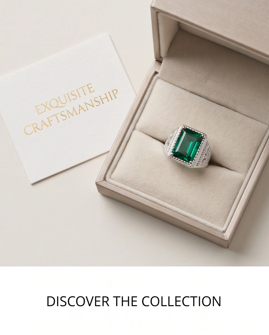 Emerald Green Emerald-Cut Gemstone Stippled Halo Silver Ring