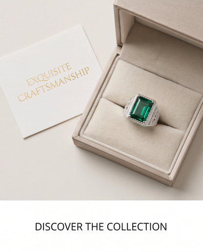Emerald Green Emerald-Cut Gemstone Stippled Halo Silver Ring