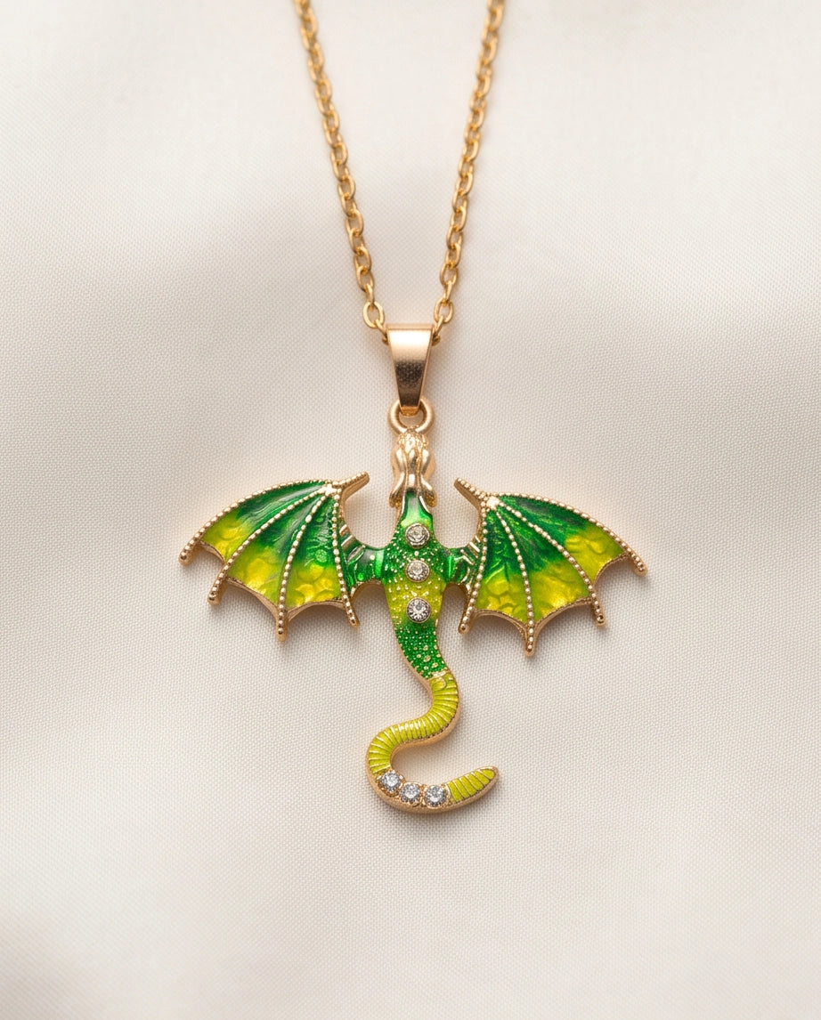 Gold Green Enamel Dragon Wyvern Pendant Necklace